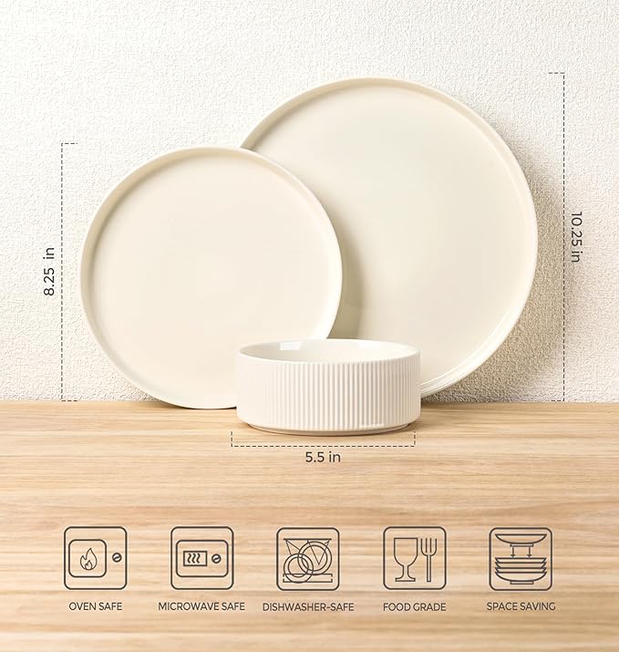 Ceramic Dinnerware Set for 4, 12-Piece Plates and Bowls Set | Lightweight - Image 7