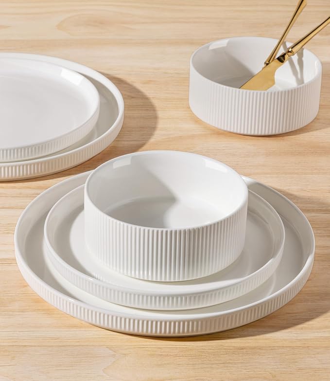 Ceramic Dinnerware Set for 8, 24-Piece Plates and Bowls Set | Lightweight - Image 4