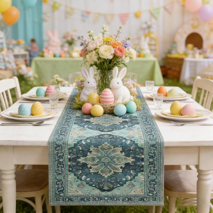 OYIMUA Boho Floral Pattern Summer Table Runner 90 Inches Long Teal and Blue - Image 6