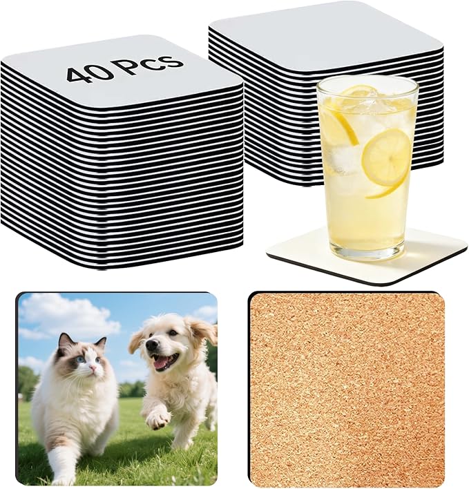 40 Pcs Sublimation Coasters Blanks, Heat Transfer Wood Cork Coasters 4x4 in by Unknown