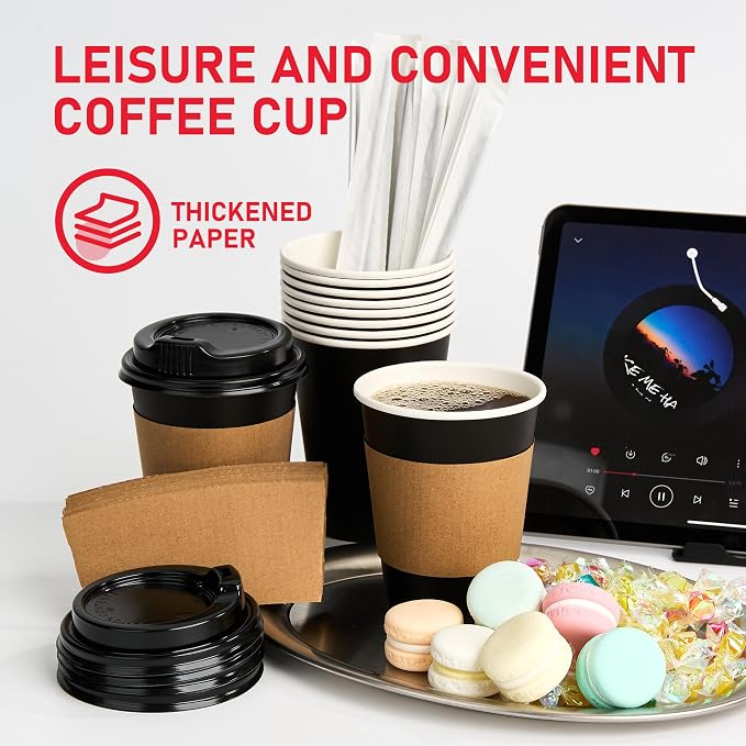 12 oz Paper Coffee Cups with Lids 100 Pack, Sleeves and Stirring Sticks - Image 7