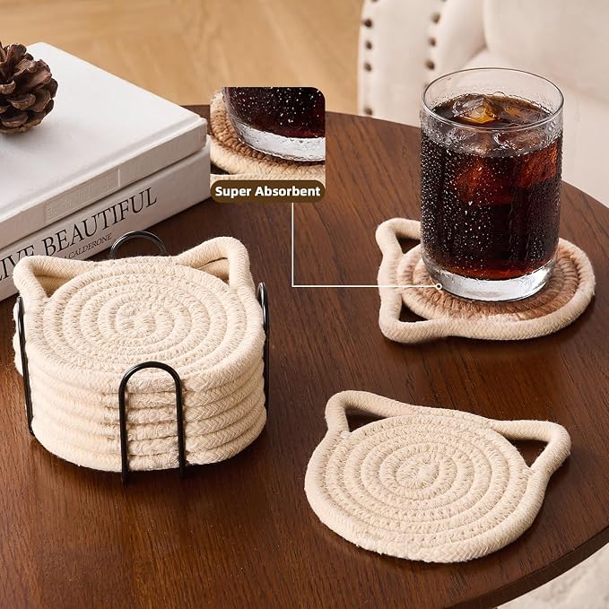Coasters Set of 8 with Holder for Drinks, Absorbent Cotton Woven Coasters for - Image 2