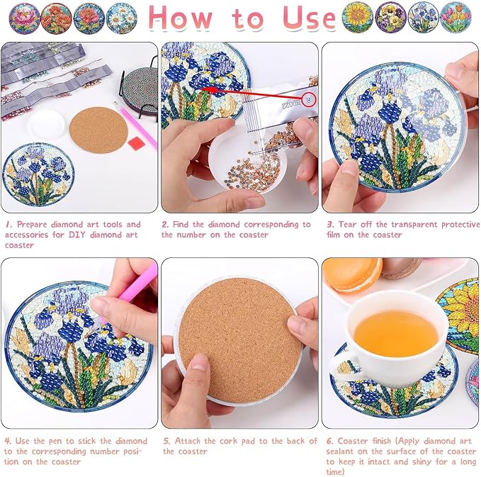8 Pack Flower Diamond Art Coasters Kits-Diamond Painting Coasters Kit | 5D - Image 5
