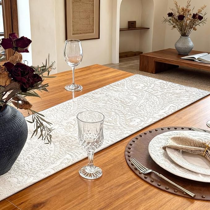 Waterproof Jacquard Table Runner, 12x144 Inch, Milky White | Thick Table Runner - Image 3