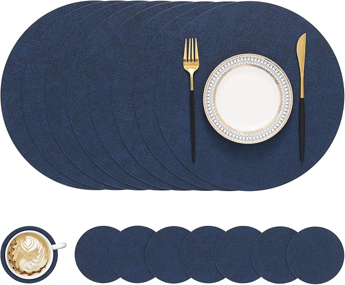 Round Faux Leather Placemat and Coaster 8 Packs, Washable Heat Resistant Dining by homing