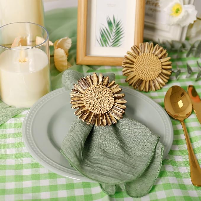 Raffia Sunflower Napkin Rings Set of 4, Braided Daisy Floral Napkin Ring Holders - Image 6