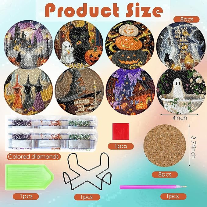 ijbnhd 8 Pcs Halloween Diamond Art Coasters Kits | Halloween Diamond Painting - Image 3