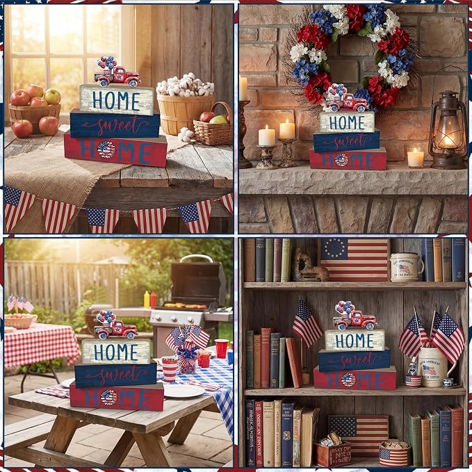 Cinnvoice 4 Pcs Patriotic 4th of July Wooden Block Decor 250th Anniversary Red - Image 4