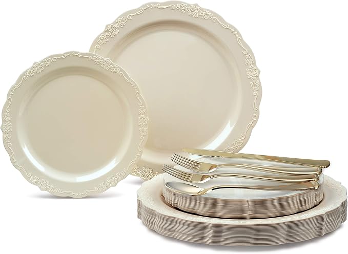 OCCASIONS 150 Pcs Ivory Fancy Disposable Plastic Plates Set by OCCASIONSFINESTPLASTICTABLEWARE