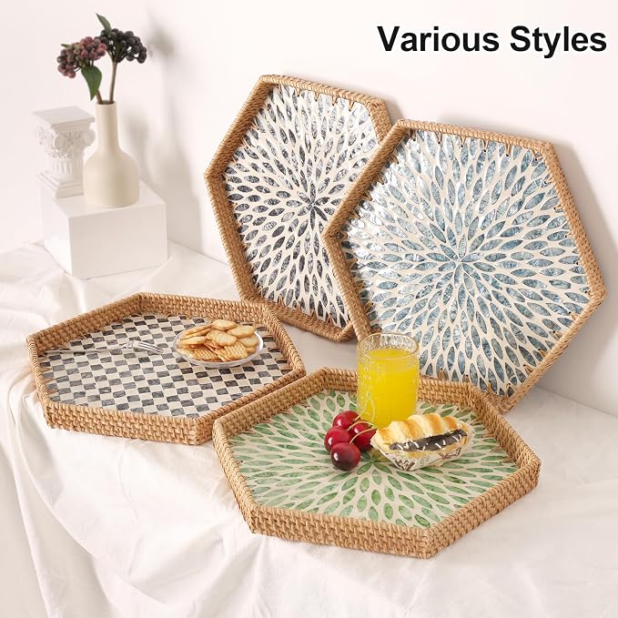 Hexagon Rattan Tray with Mother of Pearl Inlay, Rattan Serving Tray - Image 3