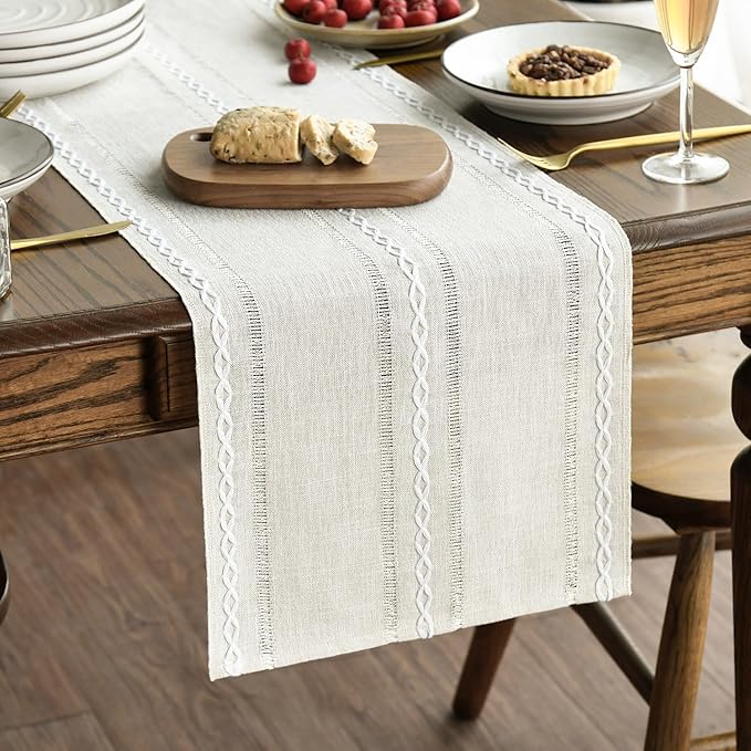 Artoid Mode Beige Rustic Cotton Linen Table Runner, Seasonal Embroidered Hollow by ArtoidMode