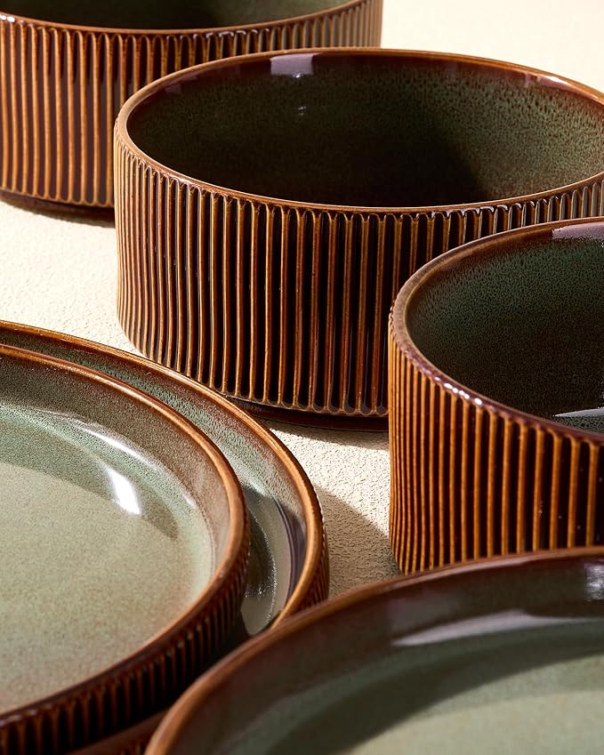 Stoneware Dinnerware Set for 4, Handmade Ribbed Dishes, Everyday Use, Microwave - Image 4