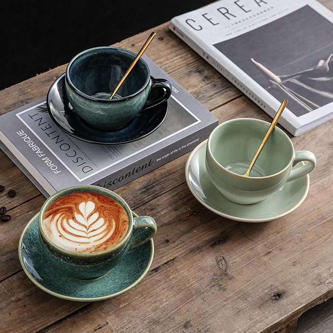 Porcelain Coffee Cup with Saucer Spoon, Vintage Design Ceramic Latte Art - Image 5