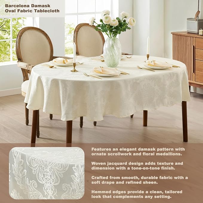 Newbridge Barcelona Luxury Damask Fabric Tablecloth, 60” Wide x 84” Oval - Image 2