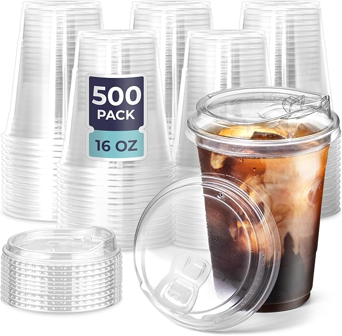 Fit Meal Prep Disposable Strawless Plastic Cups - 16 Oz Clear and Sippy Lids by FMPBRANDS