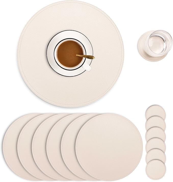 Set of 6 Faux Leather Round Placemats and Coasters, Coffee Mats Kitchen Table by JOVONO