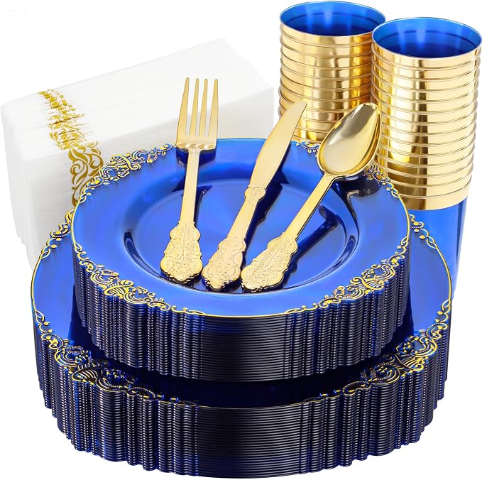 Nervure 175Pcs Blue Plastic Plates, Disposable Dinnerware Set by Nervure
