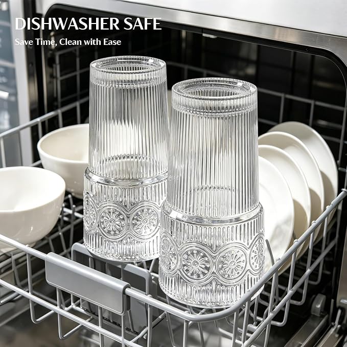 INSETLAN 20oz Ribbed & Floral Glass Tumblers - Image 7