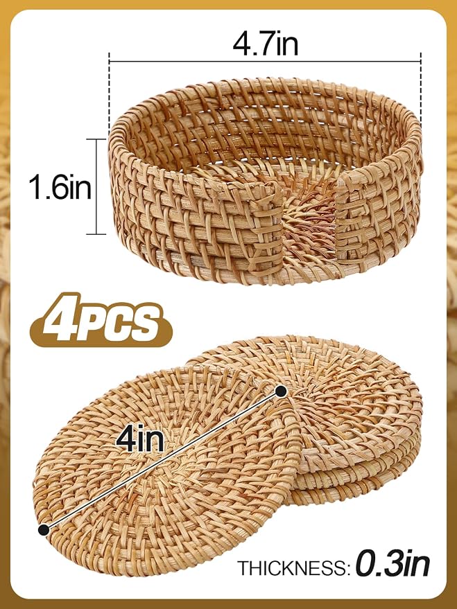 4Pcs Handmade Natural Rattan Coasters Set - Image 6