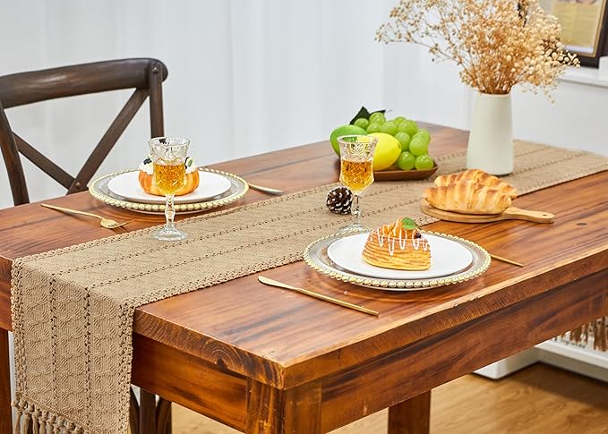 Boho Table Runner Fall Burlap Brown Coffee Table Decor 12x90 Inch | 90 Inches - Image 6