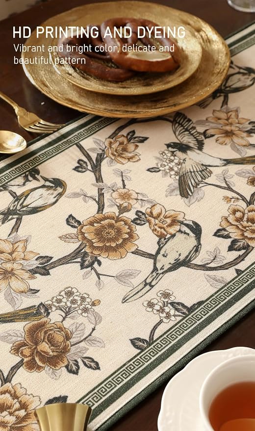 Designer French Linen Long Table Runner, Floral and Bird Pattern, Dining Table - Image 4