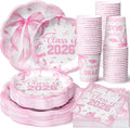 250 Pcs Pink Bow Graduation Disposable Paper Plate Napkins | Congrats Grad by Newtay