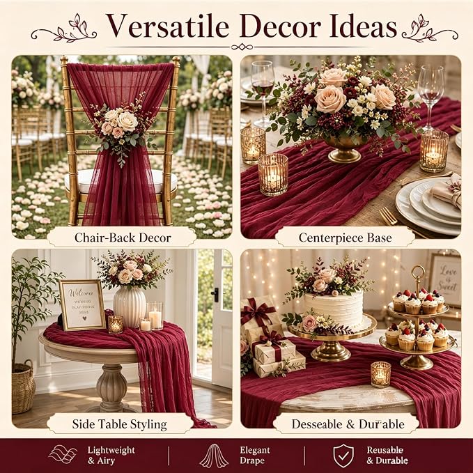 10 Pack Burgundy Cheesecloth Table Runner 22 x 120 Inch Gauze Table Runner | - Image 6