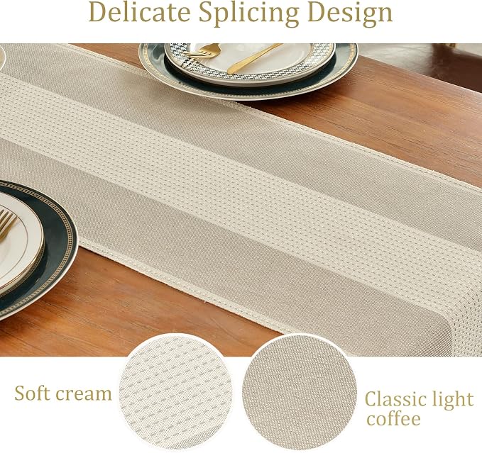Wracra Linen Table Runner, Stripe Table Runners 108 Inches Long Light Coffee - Image 3
