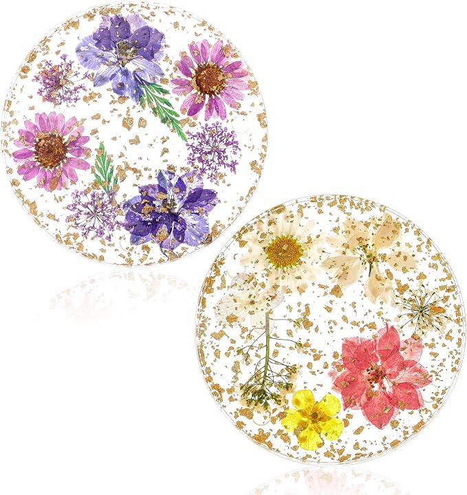 Amabro Dried Flower Drink Coasters, Floral Resin Drink Cup Mat Set of 2 by Amabro