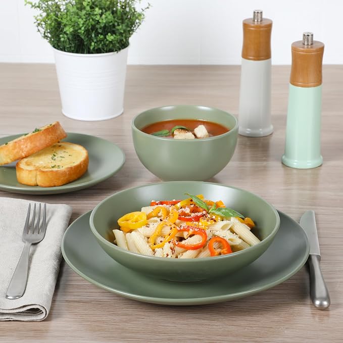 Gibson Home Queenslane 16-Piece Matte Green Stoneware Dinnerware Set – Double - Image 3