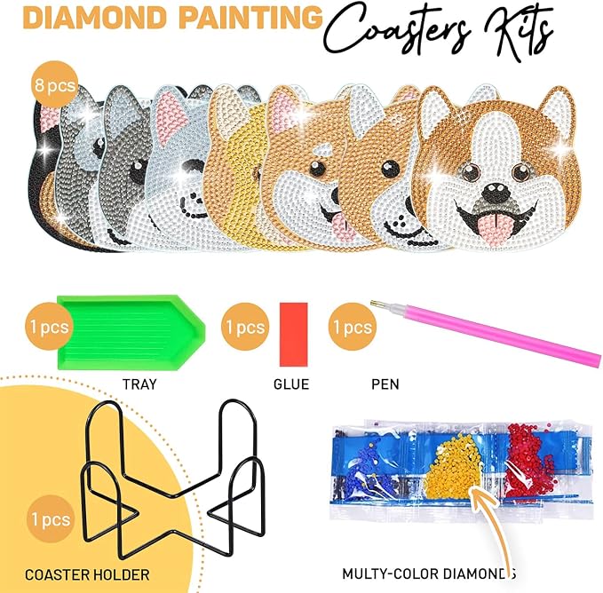8 pcs Diamond Painting Coasters | Diamond Art Coasters | Dogs Diamond Art - Image 6