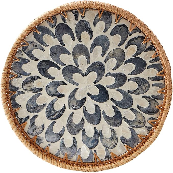 Round Rattan Tray with Mother of Pearl Inlay, Rattan Serving Tray with Wooden by Kmelep