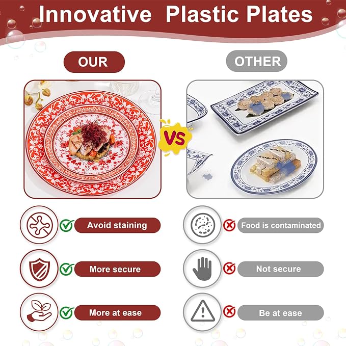 Red Plastic Plates, Fancy Disposable Pates, 10.25" dinner & 7.5" dessert plates - Image 4