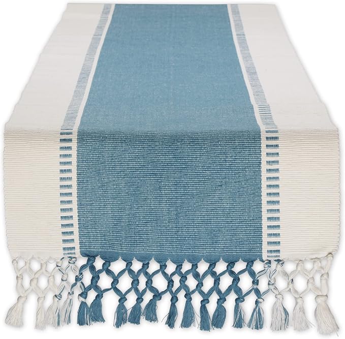 DII Dobby Stripe Table Runner, 13x72 Storm Blue & Cream Background | Woven by DII