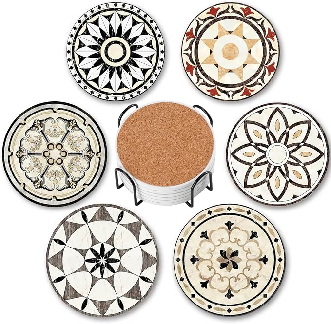Baalaka Coasters Set of 6 with Holder, 4 in Absorbent Ceramic Boho Mats | Each by Baalaka
