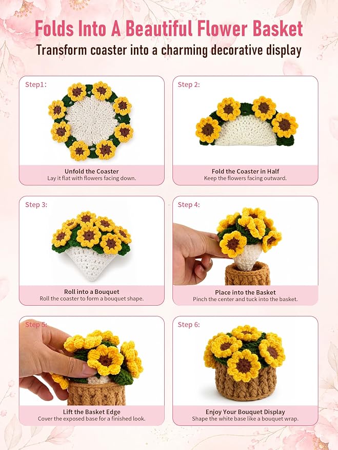 Crochet Flower Bouquet Coasters, Cotton Sunflower Gifts - Image 3