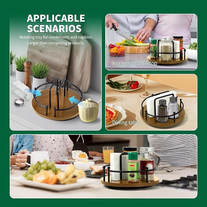 Napkin Holder for Table, 360° Rotating Lazy Susan Turntable 9'' Walnut Brown | - Image 7