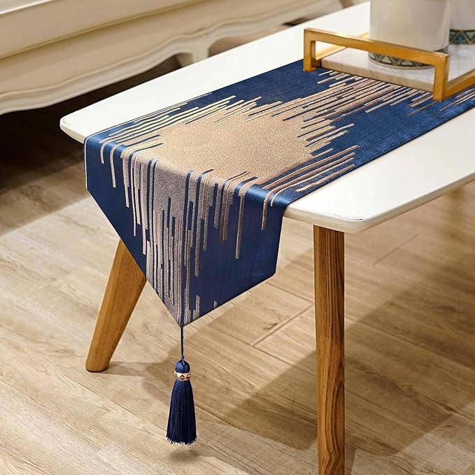 Luxury Modern Blue Table Runner, Elegant Abstract Striped, Tassels | Table by Jiino