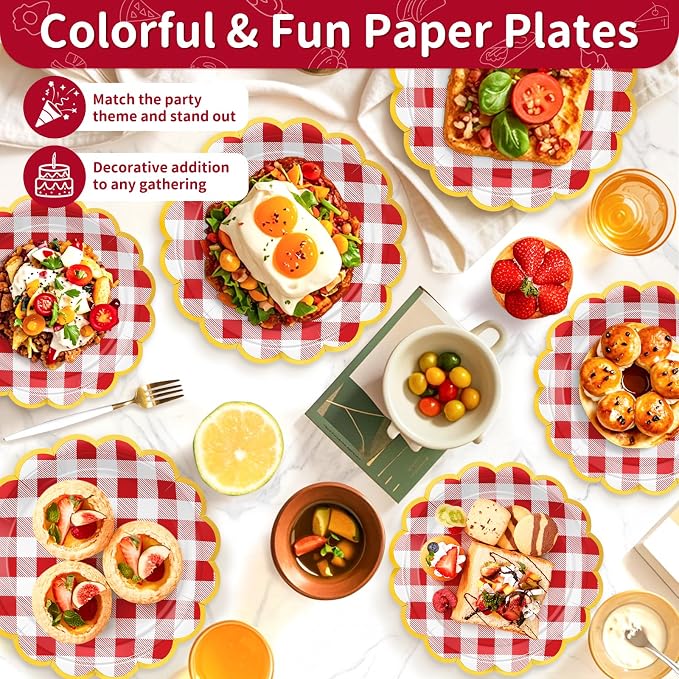 50 Pcs Red Gingham Paper Plates Disposable, Dessert Cake Plates, - Image 5