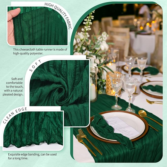 Showgeous 2 Pack Emerald Green Cheesecloth Table Runners Boho Wedding Decor | - Image 3
