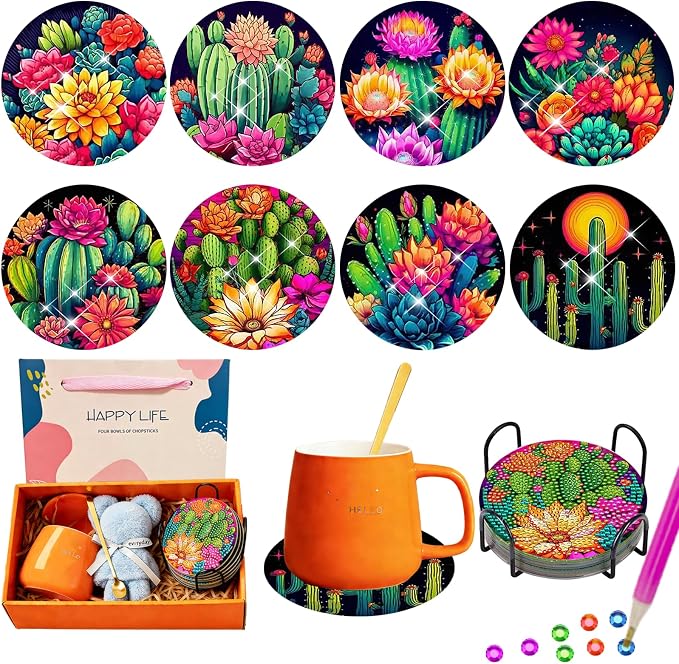 Colorful Cactus Diamond Art Coasters 8 Pcs | Diamond Painting Set, DIY Arts and by TDOOW