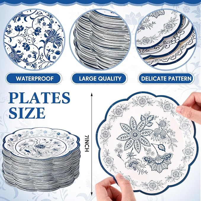 120 Pcs Blue Floral Party Plates 7 Inch Vintage Disposable Paper Plates Blue - Image 2