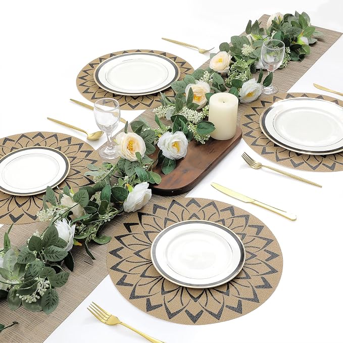SHACOS 15 inch Round Vinly Placemats Set of 6 Boho Flower Print Place Mats - Image 7