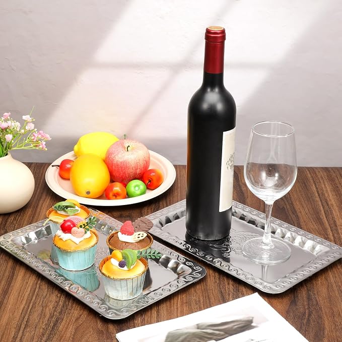 6 Pcs Silver Serving Trays, 13.8" x 8.7" Stainless Steel Rectangle Serving Tray - Image 4