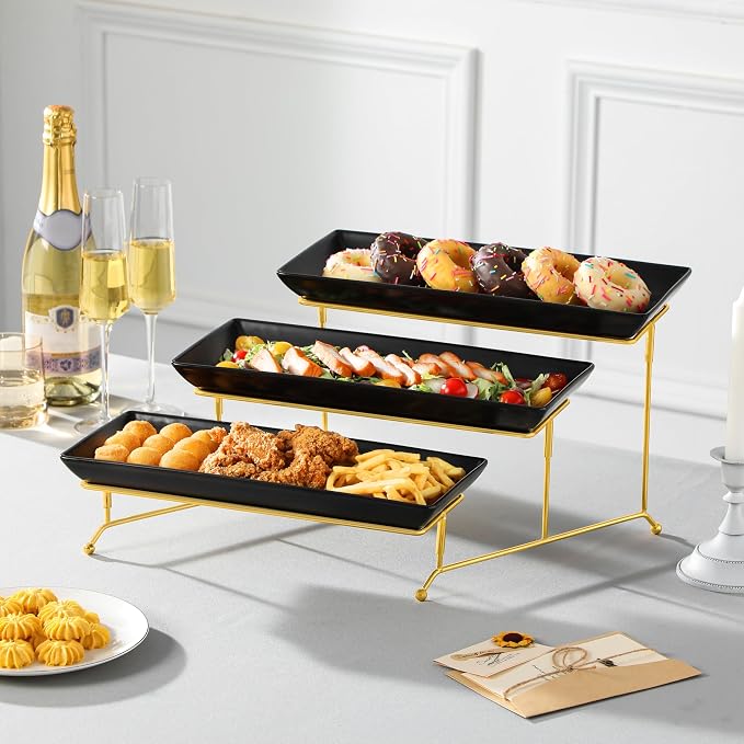 MALACASA 3 Tier Serving Trays for Party, 14 Inch Porcelain Black Trays for - Image 6