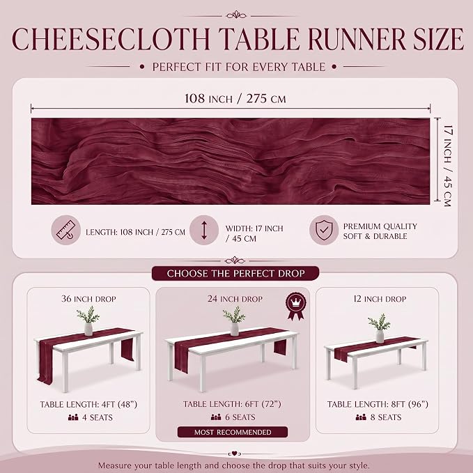 12 Pack Burgundy Cheesecloth Table Runner 17x108 Inch Boho Rustic Semi Sheer - Image 3