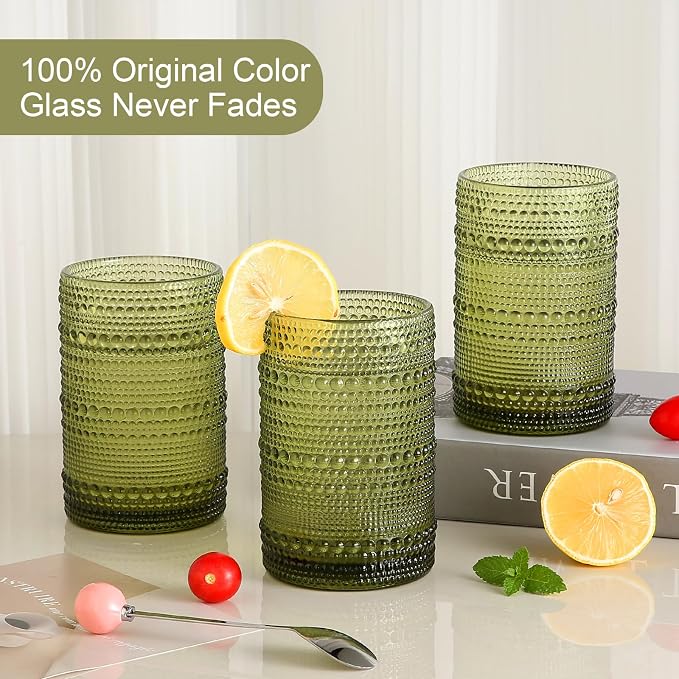 ZMOWIPDL Drinking Glasses Set of 6, 15 oz Green Hobnail Glass Cups | Vintage - Image 3