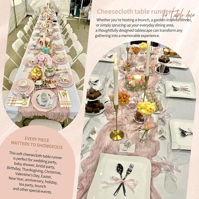 Showgeous 2 Pack Dusty Pink Cheesecloth Table Runners Boho Wedding Decor | - Image 8