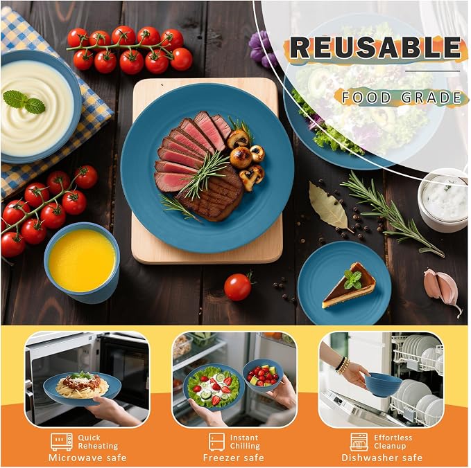 Wheat Straw Dinnerware Sets, Unbreakable Lightweight Reusable Plates and Bowls - Image 6
