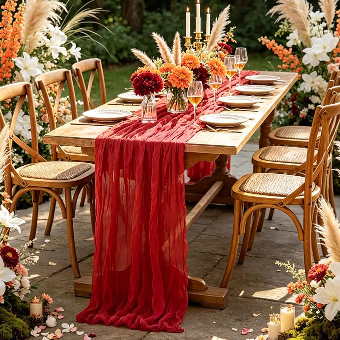 Red Cheesecloth Table Runner, 10FT Rustic Christmas Red Boho Gauze Table Runner - Image 7